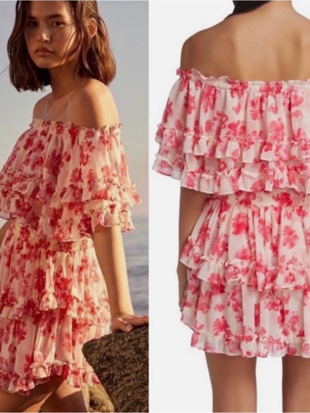 MISA LOS ANGELES Isella Floral Ruffle Georgette Mini Dress Pink White Size M